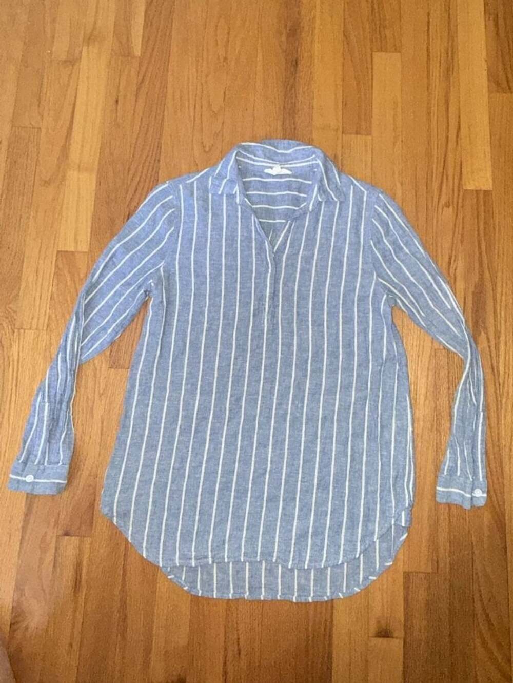Beach Lunch Lounge Blue & White Striped Button Up Shirt Linen/Cotton